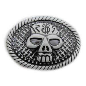 Men Women Silver Metal Belt Buckle Big Size Oval Shape Skull Skeleton Halloween